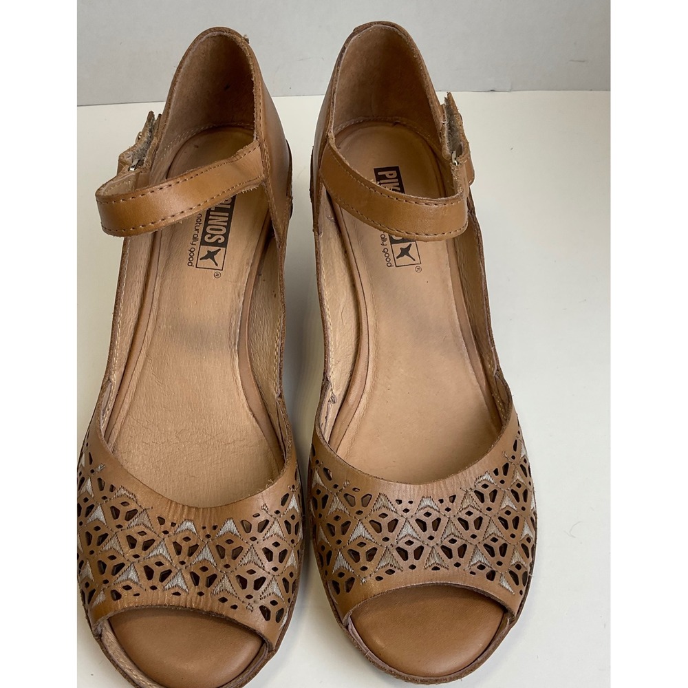 Pikolinos Tan Leather Laser Cut Wedge Sandals Peep Toe Ankle Strap EU 38 flaw